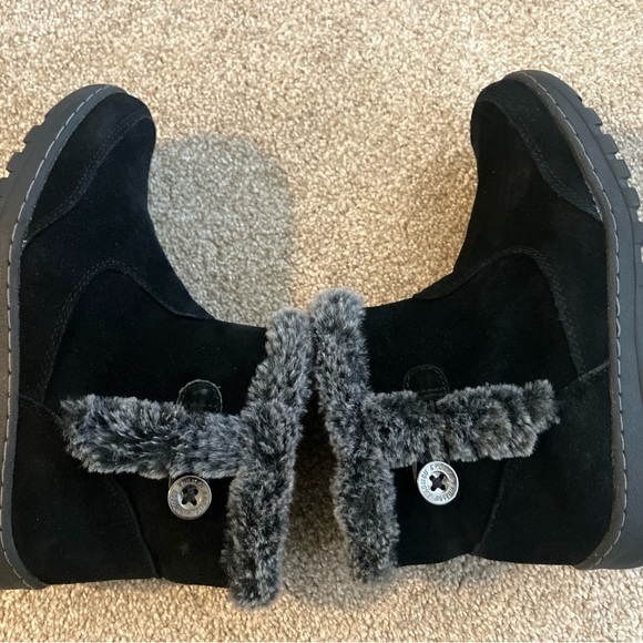 Khombu Iris Black Leather Zip Up Ankle Boots with Gray Fur Trim Size 8 - Picture 6 of 8